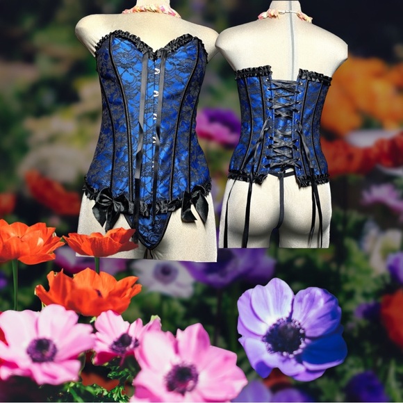 *NEW*Gorgeous Sexy Blue and Black Women Bustier Corset Set Lace Up Bone… - Picture 8 of 17